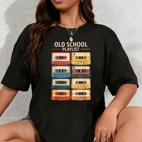 100% Cotton Old School Playlist Retro 80s 90s Cassette Tape Music T-Shirt