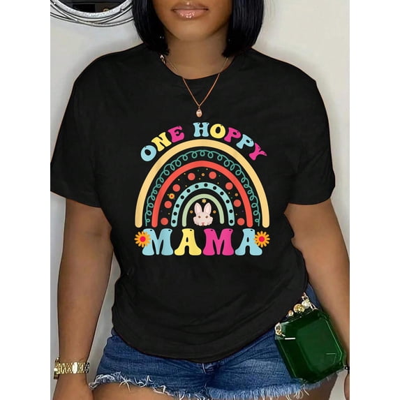 100% Cotton One Hoppy Mama Rainbow Funny Mama Easter Day 2023 T-Shirt Print Round Neck Cotton T-Shirt, Summer Women's Tops, gift