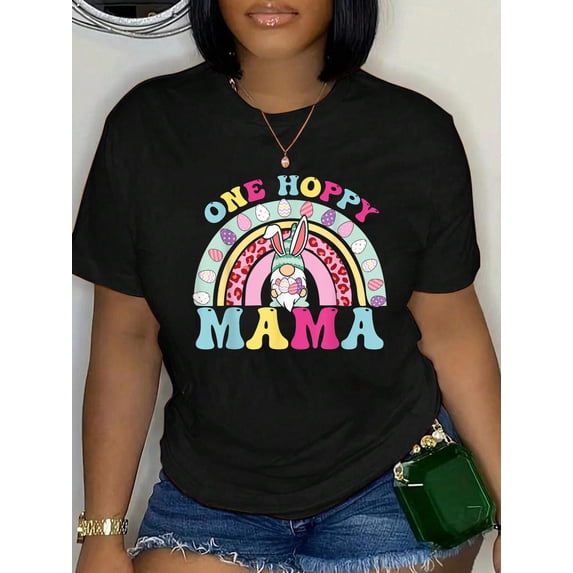 100% Cotton One Hoppy Mama Rainbow Funny Mama Easter Day T-Shirt Print Round Neck Cotton T-Shirt, Summer Women's Tops, gift