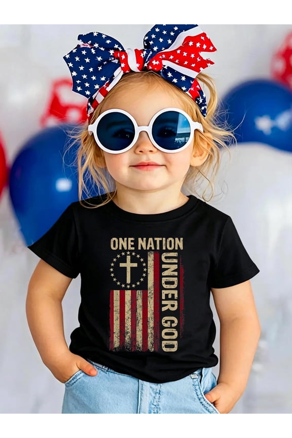 100% Cotton One Nation Under God Flag 4th of July Patriotic Christian Kids T-Shirt