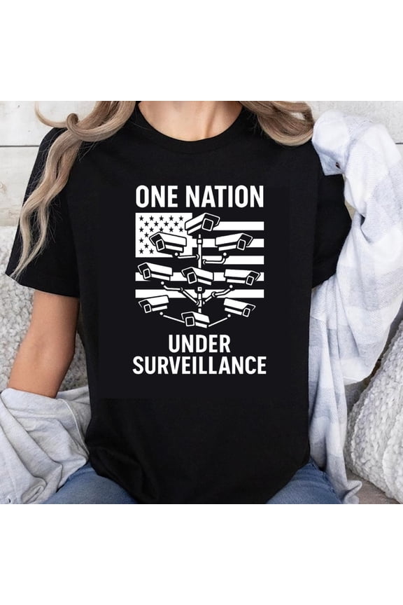 100% Cotton One Nation Under Surveillance USA Flag Security Camera T-Shirt Political Statement Graphic Tee for Men Women