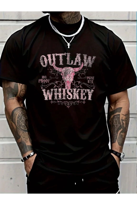 100% Cotton Outlaw Whiskey Bull Skull Western Country Vintage T-Shirt Men's Women's Vintage Summer Vacation Tops Graphic Tee