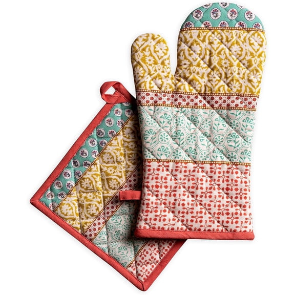 100% Cotton Oven Mitt & Pot Holder Set (7.5"x13" & 8"x8") Heat Resistant BBQ Cooking Gloves with Loop Baking Grilling Kitchen Hotel Home Farmhouse Spring Summer (Provence)