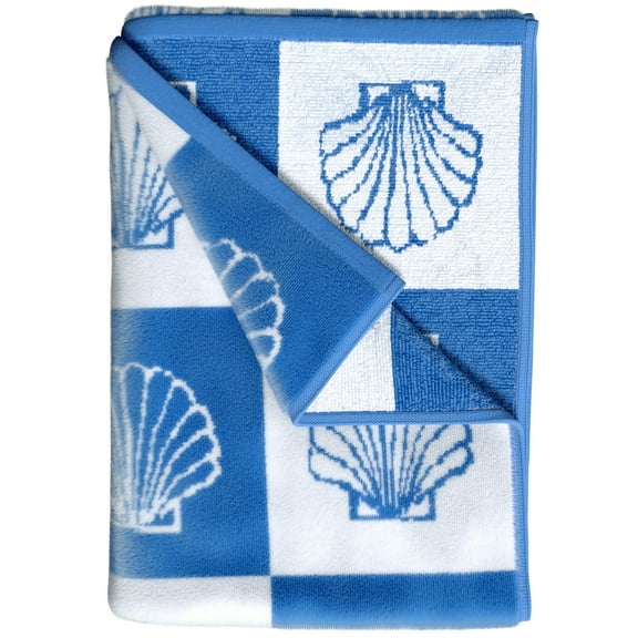 100% Cotton Oversized 36" x 68" Blue Checkered Seashell Beach & Pool Towels