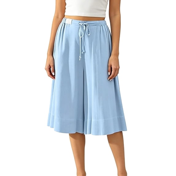 100% Cotton Pants for Women Capri Pants Wide Leg Solid Color Flowy Drawstring Elastic Wiasted Casual Pants with Pockets