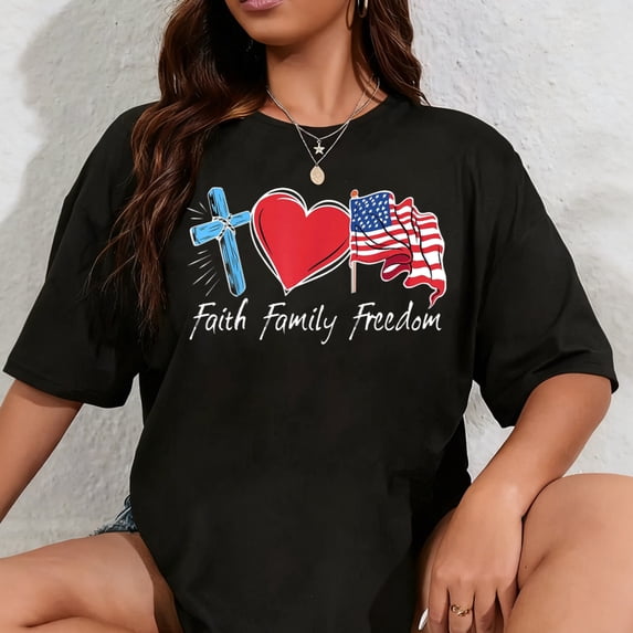 100% Cotton Patriotic Retro Faith Family Freedom USA Flag 4th of July T-Shirt
