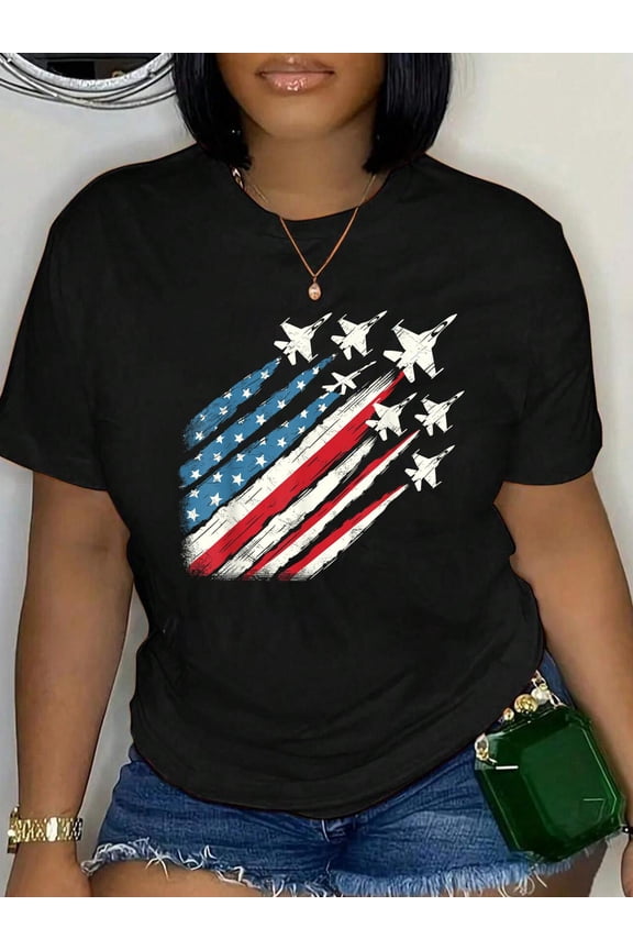 100% Cotton Patriotic USA Fighter Jets 4th of July T-Shirt Women's Graphic Tee Casual Tops