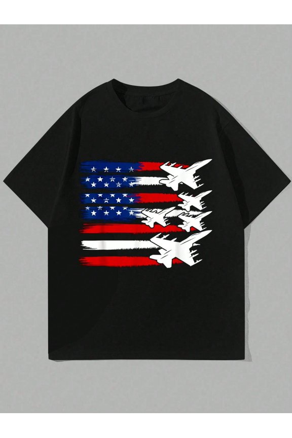 100% Cotton Patriotic USA Flag Fighter Jets 4th Of July T-Shirt Street Hip-Hop Style Men's T-Shirt