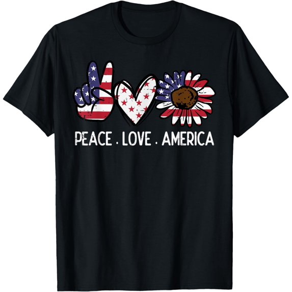 100% Cotton Peace Love America US Flag Fourth Womens 4th Of July Patriot T-Shirt