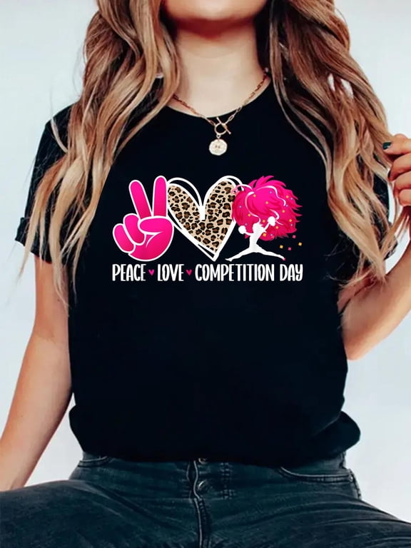 Cotton Peace Love Cheer Competition Day Cheer Comp Day Cheerleader T-Shirt Women's Graphic Tee Casual Tops