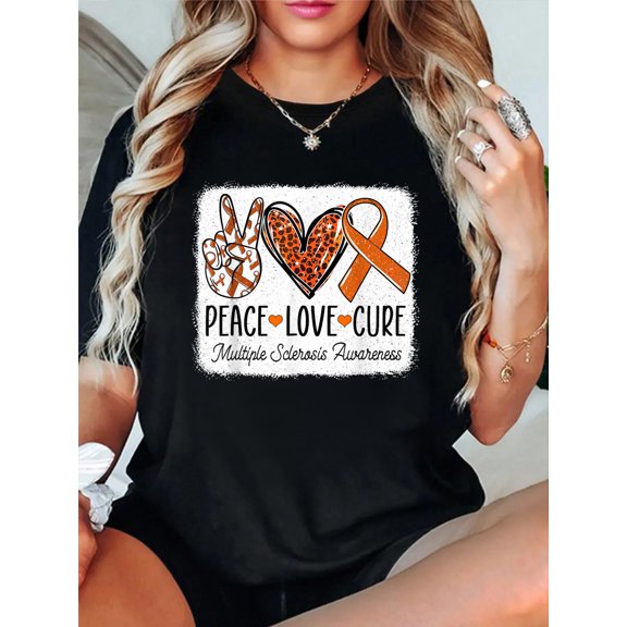 100% Cotton Peace Love Cure MS Warrior Multiple Sclerosis Awareness T-Shirt Women's Men's Graphic Tee Casual Tops