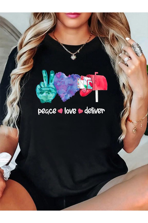 100% Cotton Peace Love Deliver - Postal Worker Mail Funny Gift T-Shirt Women's Men's Graphic Tee Casual Tops