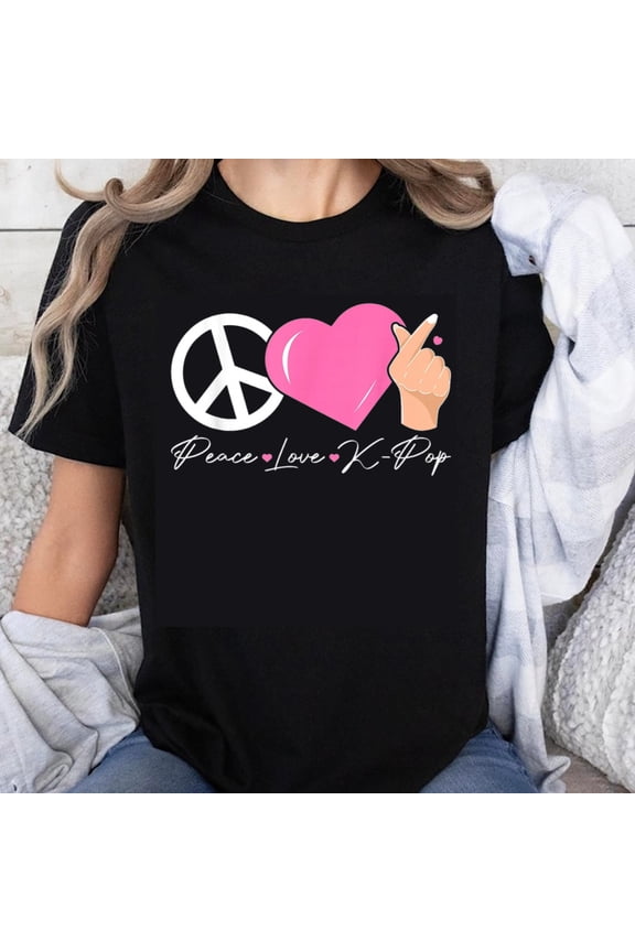100% Cotton Peace Love K Pop Heart And Hand Sign Graphic Tee For Women Fans Of Korean Music And Culture T-Shirt