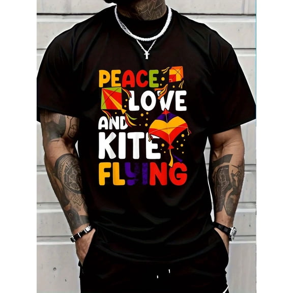 100% Cotton Peace, Love, And Kite Flying Kite Surfing Kite Flying T-Shirt Round Neck Short Sleeve T-Shirt Women's Men's Graphic Tee Women's Men Graphic Tee