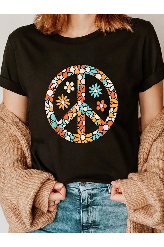 100% Cotton Peace Sign Hippie Flower Groovy 60s 70s Party Outfit T-Shirt