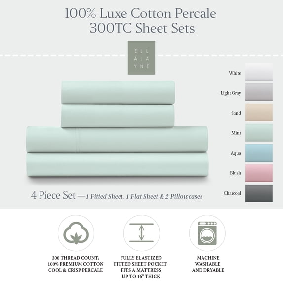 100% Cotton Percale Crisp & Cool 300 Thread Count 4-Piece Sheet Set
