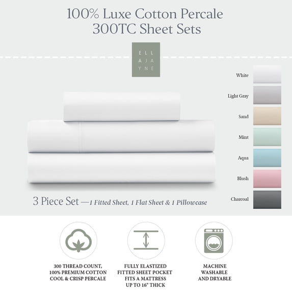 100% Cotton Percale Crisp & Cool 300 Thread Count 4-Piece Sheet Set