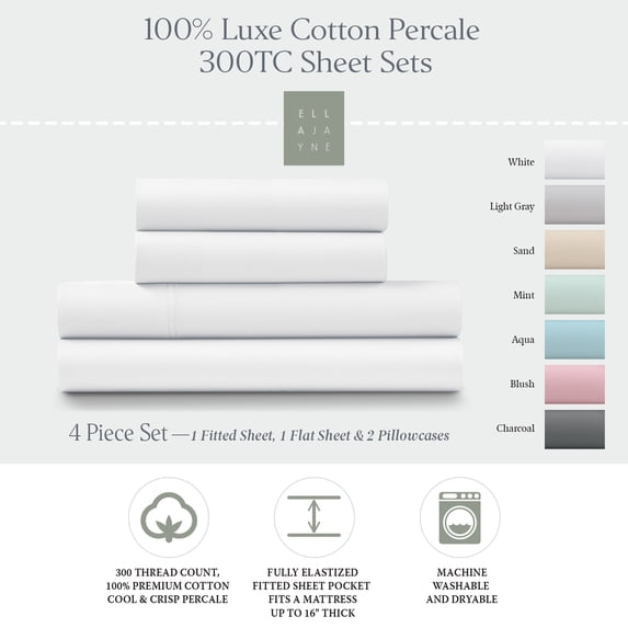 100% Cotton Percale Crisp & Cool 300 Thread Count 4-Piece Sheet Set