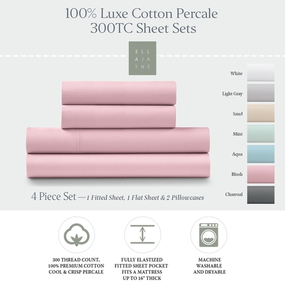 100% Cotton Percale Crisp & Cool 300 Thread Count 4-Piece Sheet Set