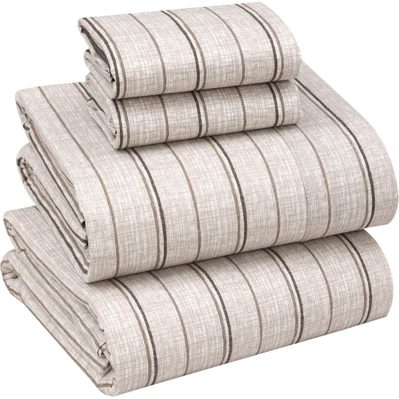 100% Cotton Percale Full Size Sheets Set Deep Pocket 16 Inch Crisp Cooling Breathable Brown Stripes