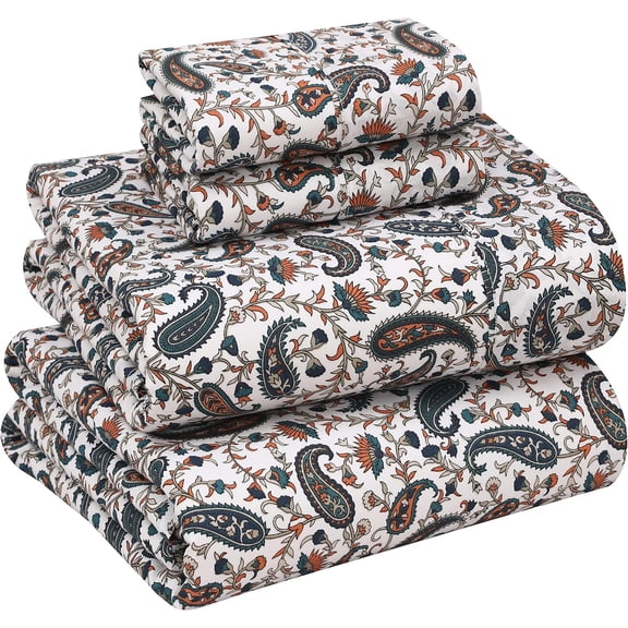 100% Cotton Percale King Sheets Set Deep Pocket 16 Inch Crisp Cooling Breathable Teal Paisley