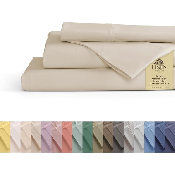 100% Cotton Percale Sheet Set Queen Size Ivory Deep Pocket 4 Pieces