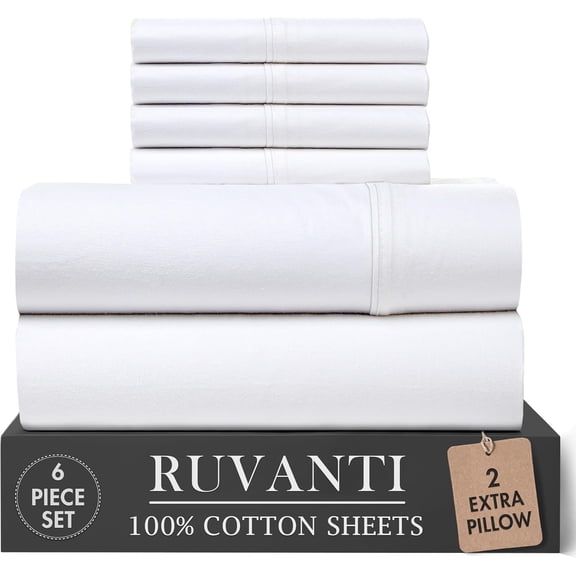 100% Cotton Percale Sheets King Size Bright White Deep Pocket 16 Inch Cooling Breathable Lightweight Crisp Hotel Style 6 Piece Set