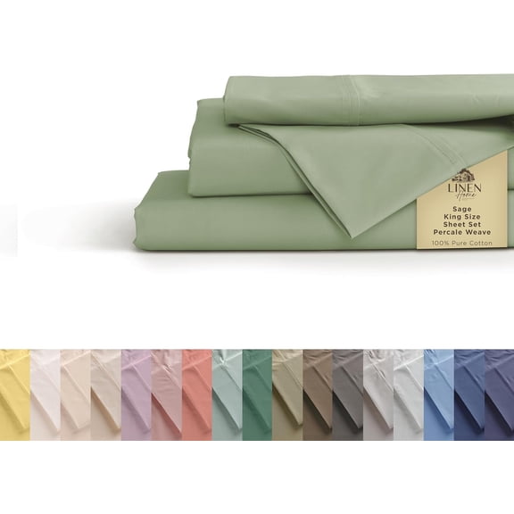 100% Cotton Percale Sheets King Size Sage Deep Pocket 4 Piece Set