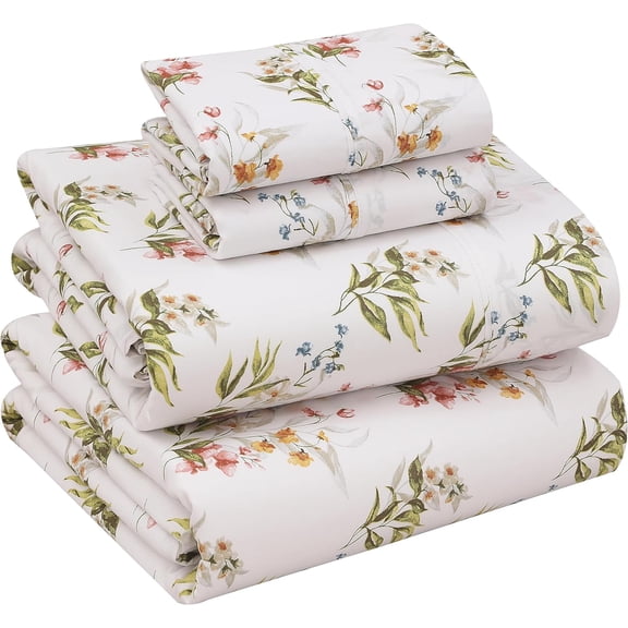 100% Cotton Percale Sheets Queen Size Deep Pocket 16 Inch Floral Bliss 4 Piece Set