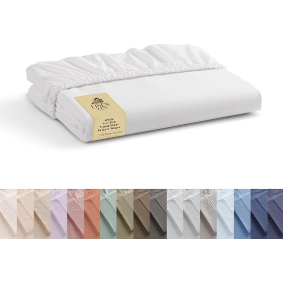 100% Cotton Percale Weave Fitted Sheet, Full Size, White, 1 Deep Pocket Fitted Sheet, Fits Mattress Upto 16" Crisp and Cool Strong Bed Linen, 54"X75"+15"