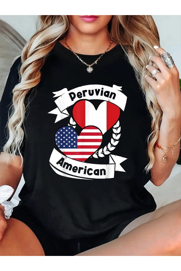100% Cotton Peruvian American Hearts USA Flag Peru Flag T-Shirt Women's Men's Graphic Tee Casual Tops