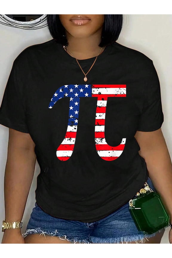 100% Cotton Pi Day American Flag Patriotic Math Nerd Geek 3.14 July 4th T-Shirt Women's Graphic Tee Casual Tops