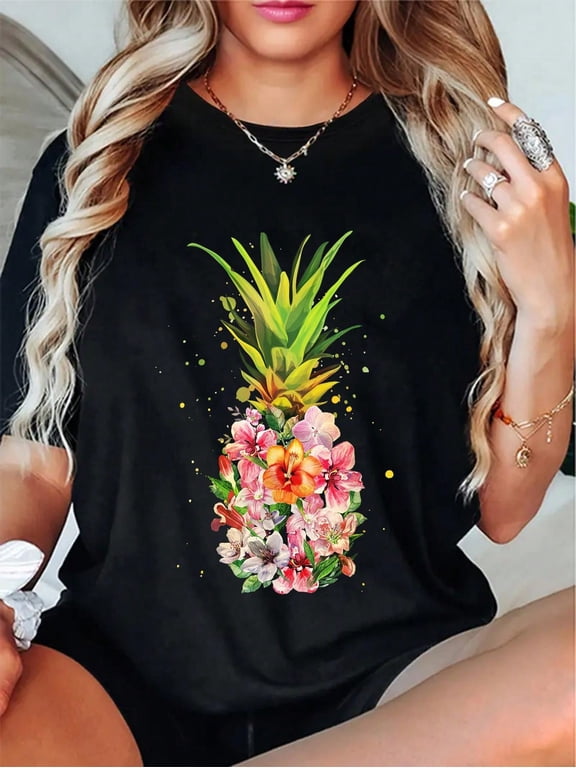 100% Cotton Pineapple Flowers Women Aloha Hawaii Vintage Hawaiian Floral T-Shirt
