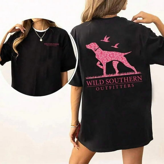 [100% Cotton]Pink Camo Hunting Dog Shirt, Wild Southern T-Shirt, Simply Printed Graphic Shirt