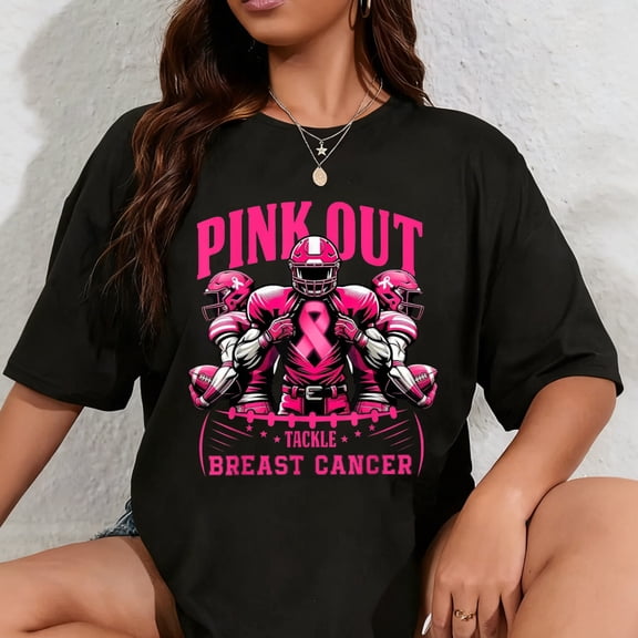 100% Cotton Pink Out Tackle Breast Cancer Awareness Football Pink Ribbon T-Shirt