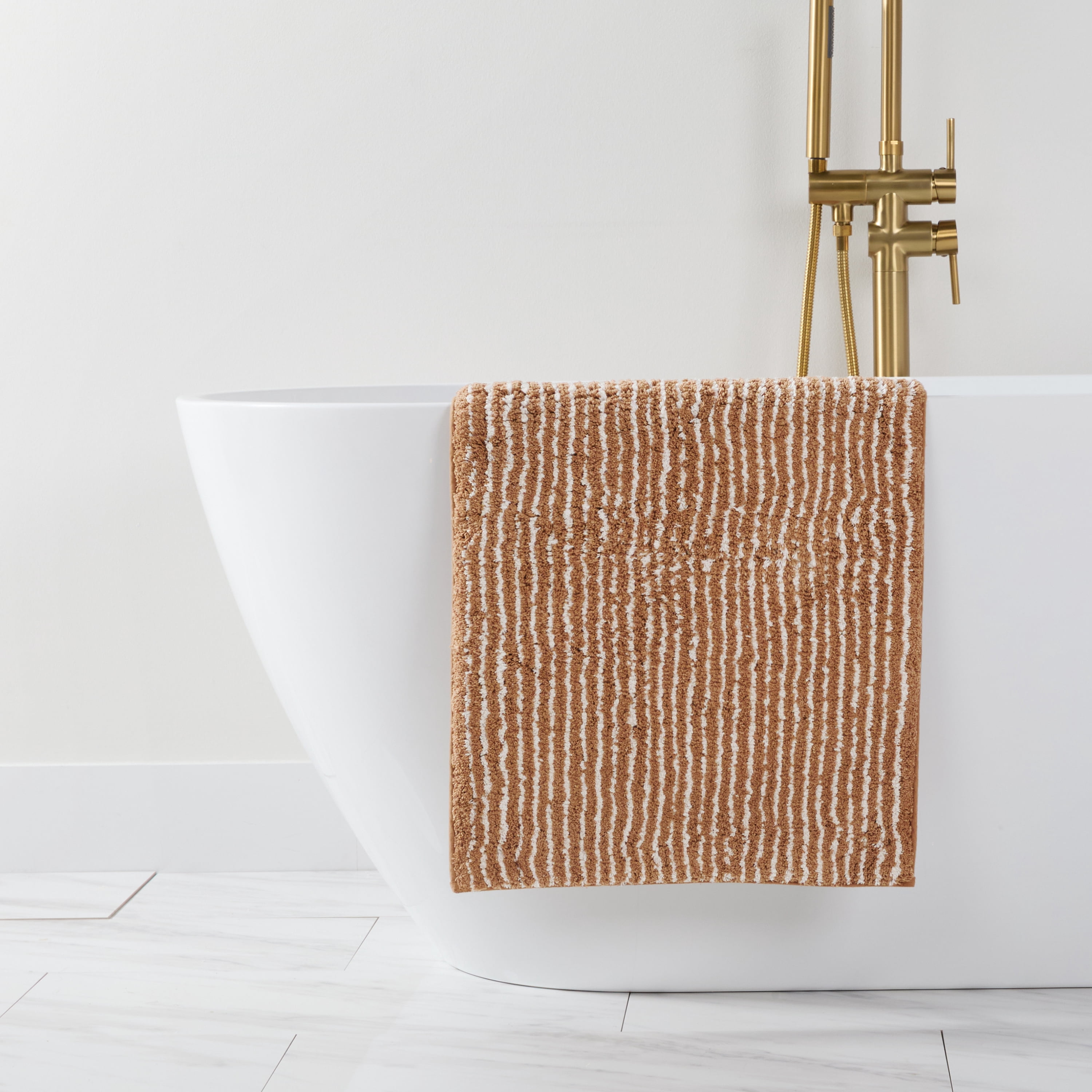 100% Cotton Pinstripe Patterned Bath Mat by Comfort Canopy, Mocha, 24" x 17"