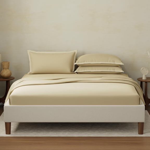 100% Cotton Plain Bedsheet Set With 4 Pillow Covers - 108 X 108 Inches, Beige | 400 Thread Count - Gift For Weddings Or Anniversary King Size Bedsheet