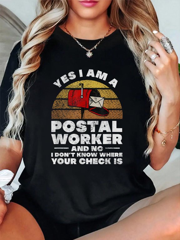 Cotton Postal Worker Mailbox Letter Mail Carrier Mailman Distressed T-Shirt Women's Graphic Tee Casual Tops