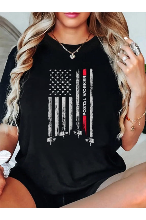 100% Cotton Postal Worker Vintage USA American Flag US Postal T-Shirt Women's Graphic Tee Casual Tops