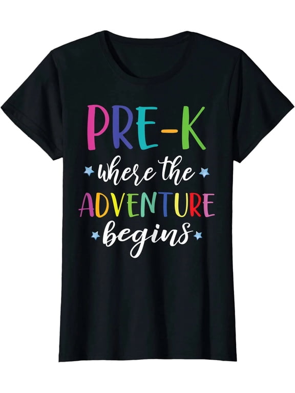 100% Cotton Pre-K Teacher T-Shirt, Preschool Teacher Shirt for Women and Men, The Adventure Begins First Day of School Tee, Back to School Teacher Gift, Teacher Appreciation Shirt, Unisex Adult T-Shi