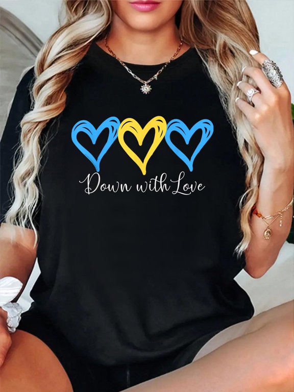 Cotton Pretty Down with Love World Down Syndrome Awareness Day T-Shirt Small Women's Graphic Tee Casual Tops