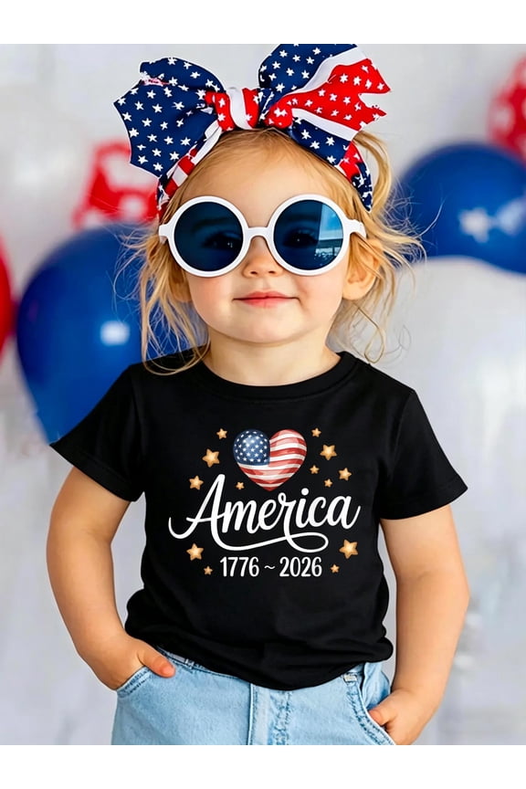100% Cotton Pretty Flag Heart 1776 2026 July 4th 250th Birthday Kids T-Shirt