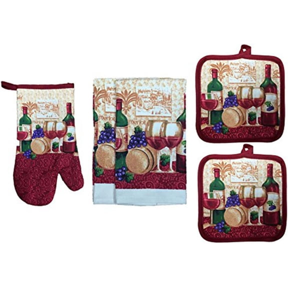 100% Cotton Printed Kitchen Linen Set of 5, Includes 2 Kitchen Towels, 2 Potholder, 1 Oven mitt Kitchen Décor for Cooking, Baking, Barbecue