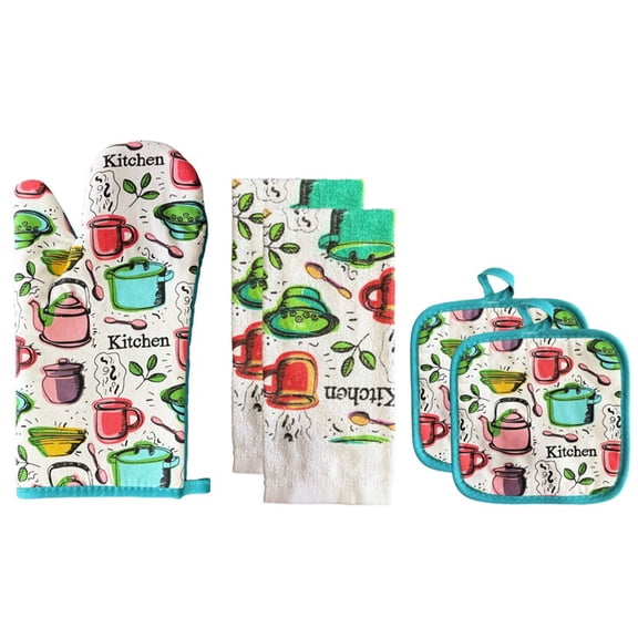 100% Cotton Printed Kitchen Linen Set of 5, Includes 2 Kitchen Towels, 2 Potholder, 1 Oven mitt Kitchen Décor for Cooking, Baking, Barbecue