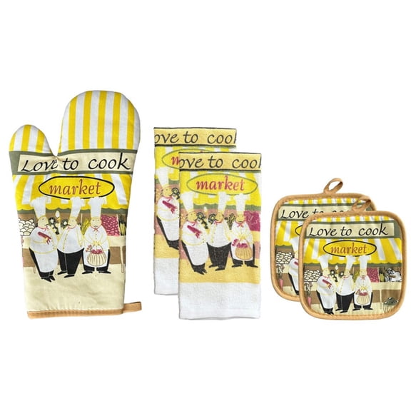 100% Cotton Printed Kitchen Linen Set of 5, Includes 2 Kitchen Towels, 2 Potholder, 1 Oven mitt Kitchen Décor for Cooking, Baking, Barbecue