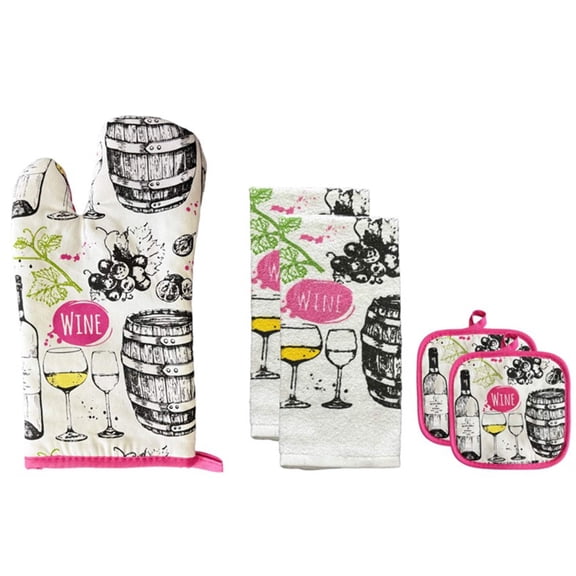 100% Cotton Printed Kitchen Linen Set of 5, Includes 2 Kitchen Towels, 2 Potholder, 1 Oven mitt Kitchen Décor for Cooking, Baking, Barbecue