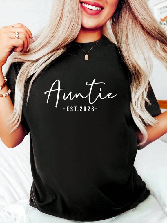 100% Cotton Promoted To Auntie 2026 Aunt Est 2026 Aunt 2026 T-Shirt Graphic Tees Women Casual Print Short Sleeve Women Tops Women Clothes