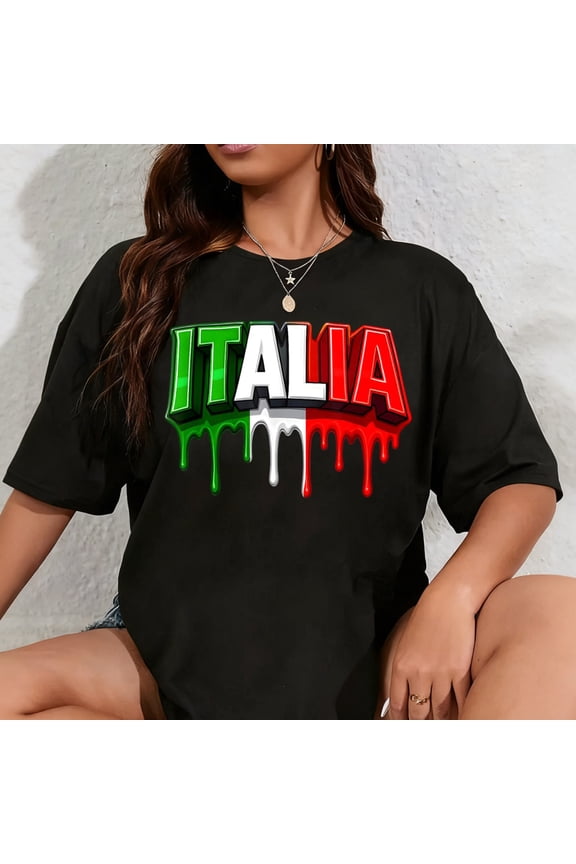 100% Cotton Proud Italian Italy Flag Colour Patriotic Lettering Feel Drip T-Shirt