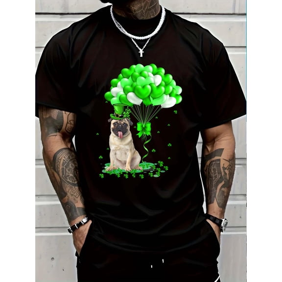 100% Cotton Pug Dog With Lucky Balloon Heart St Patrick's Day T-Shirt Graphic T-shirts for men and women