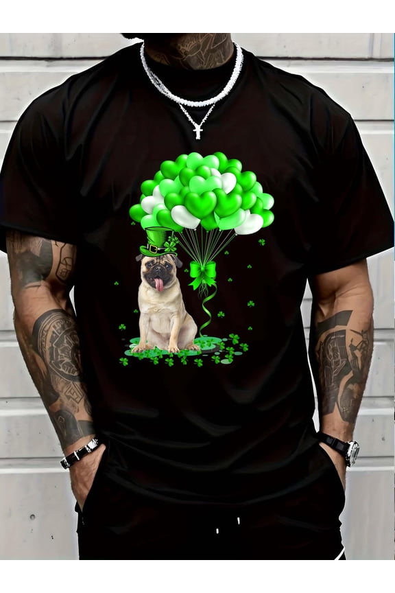 100% Cotton Pug Dog With Lucky Balloon Heart St Patrick's Day T-Shirt Graphic T-shirts for men and women